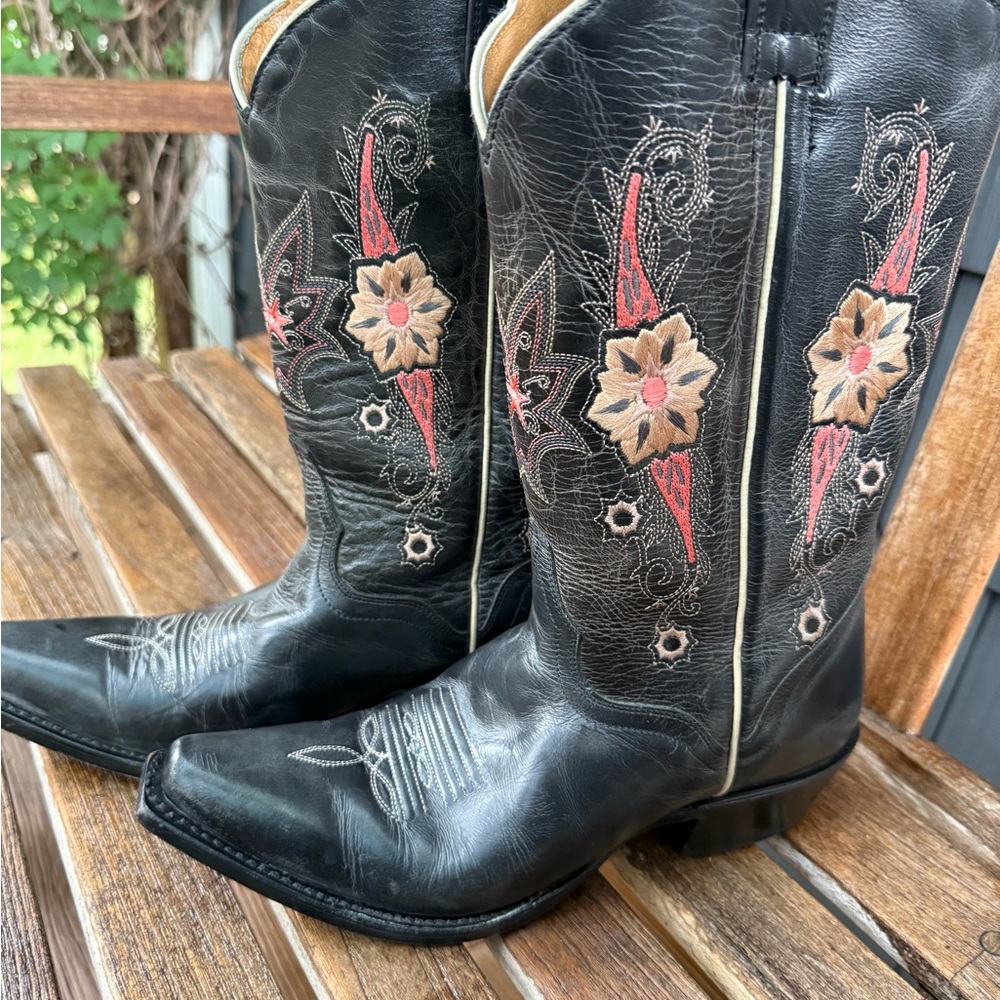 Vintage J.B. Dillon Black Western Boots with Pink and Tan Flower Embroidery